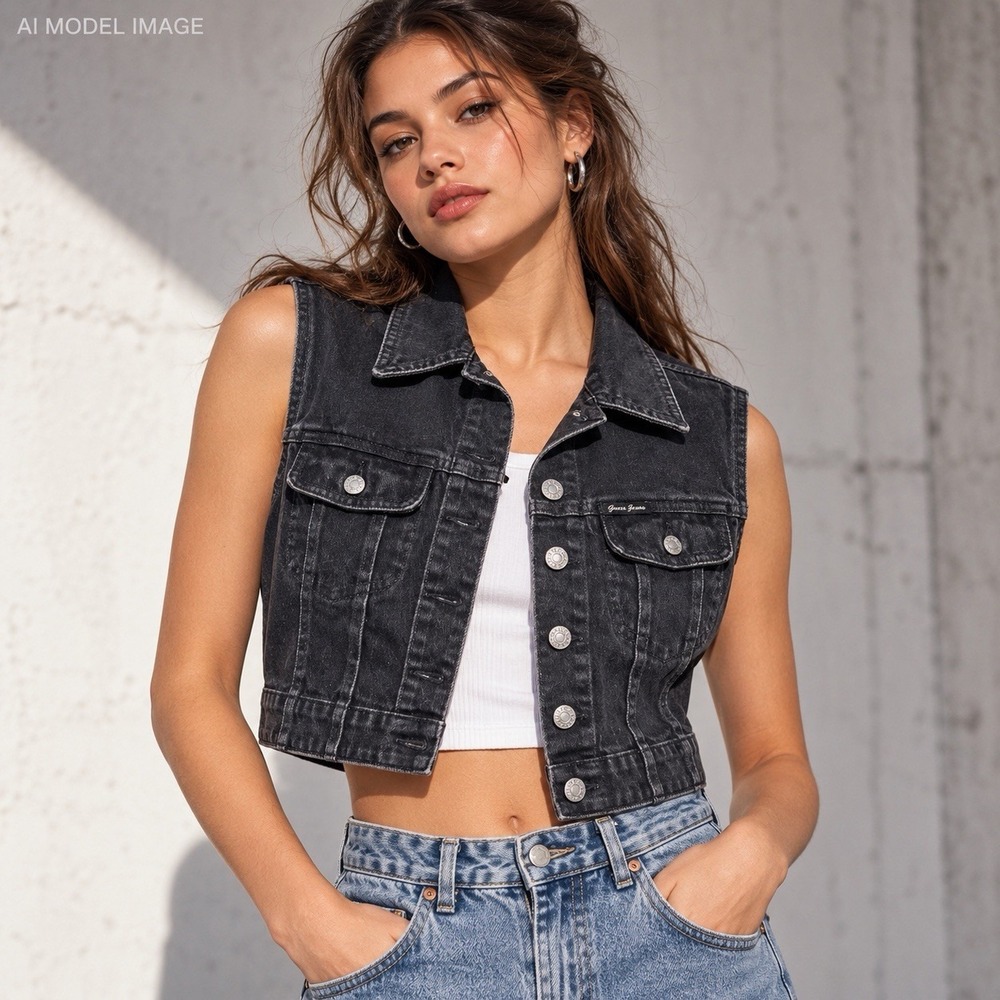 GUESS Jeans Denim Vest Women's L Vintage 90s Black Made USA Style 39810
